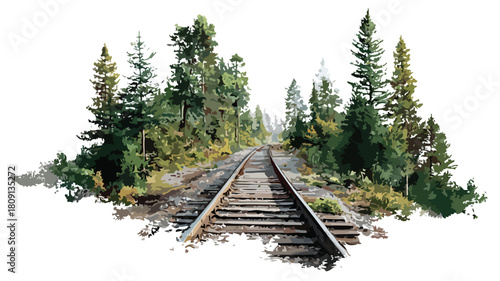 Serene Landscape Painting of Railroad Track and Trees in Nature