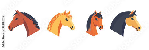 Set of four stylized horse head icons in flat minimalist vector style featuring different coat colors and manes for logo or emblem design