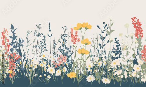 Wildflower meadow with blooming daisies, poppies, and tall grasses in flat minimalistic vector style natural landscape colorful floral plants summer field illustration