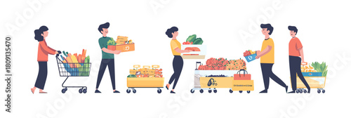 Shoppers grocery store food buying carts baskets vegetables fruits bread supermarket flat minimal vector illustration consumer spending retail concept