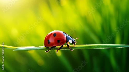 Vibrant Ladybug on a Blade of Green Grass in Sunlight