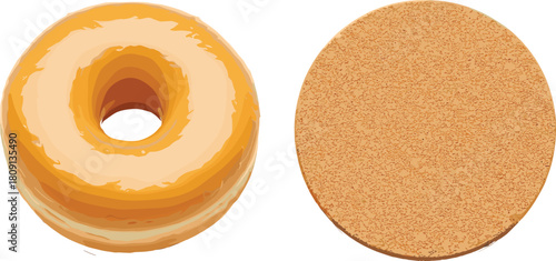 Donut and cork coaster comparison, round objects, food and household items, texture contrast, minimal background, top view, isolated