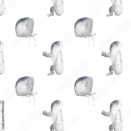 Watercolor pregnant girl and baby silhouette blue print.Hand painted silhouette motherhood element  pattern on white background.