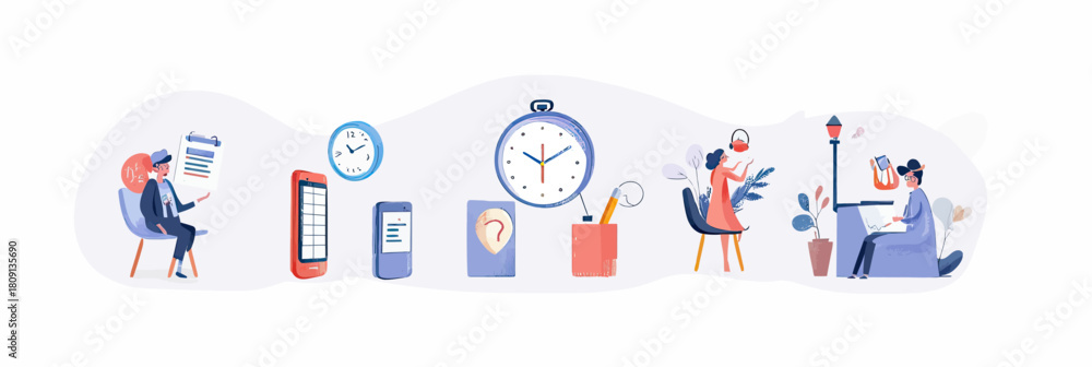 Fototapeta premium Business people remote working using laptop and smartphone with clock time management and productivity tools concept flat vector illustration