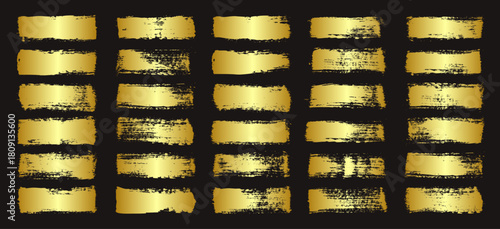 Golden brush strokes, lines, ink smudges, hand-drawn scribble shapes. Handmade sketchy marks, acrylic stains, charcoal streaks. Paint textures, dry brush effect. Marker underline. Vector illustration