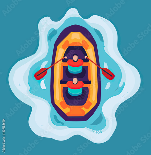 Top view two people rowing inflatable raft on blue water creating splash in minimalist flat vector style outdoor adventure concept