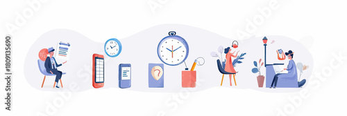 Business people remote working using laptop and smartphone with clock time management and productivity tools concept flat vector illustration
