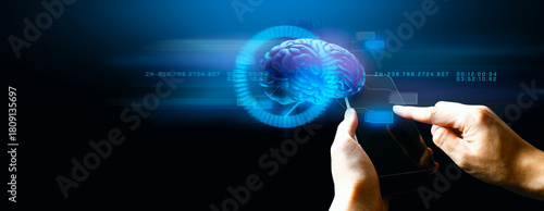 hand of businessman interactive touching a holographic artificial intelligence brain system network and technology