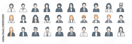 Set of 30 diverse business people avatar icons front view with professional clothing and various hairstyles in simple flat outline vector style for corporate use