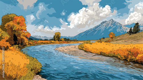 Serene River and Majestic Mountain Landscape Vector Painting