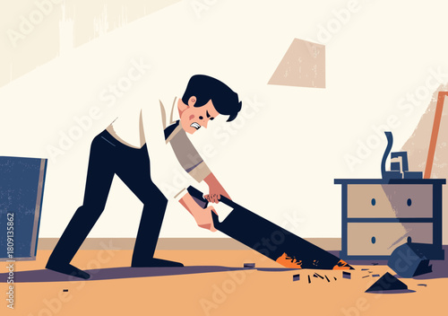 Frustrated businessman sawing wooden floor panel in office symbolizing self sabotage and poor decision making causing failure