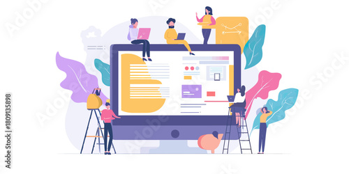 Team collaboration designing interactive web page layout on large desktop screen in flat minimalist style vector illustration