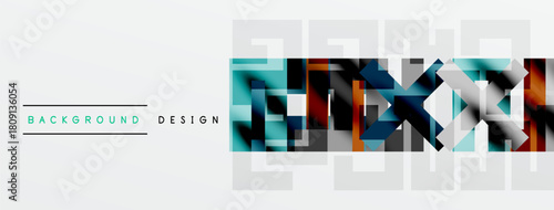 Abstract geometric pattern. Colorful squares overlap, creating dynamic visual effect. Minimalist design with text elements present.