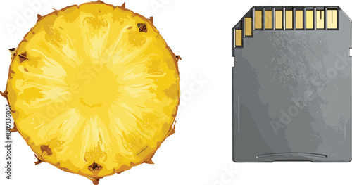 Pineapple slice, SD memory card, food and tech contrast, yellow fruit, digital device, white background, concept design, visual pairing