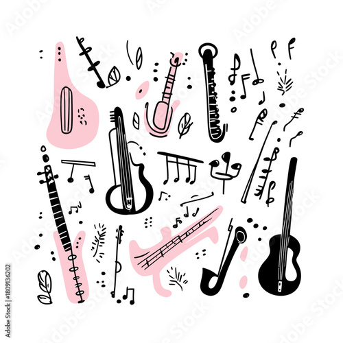 Hand drawn doodle style musical instruments with guitar, saxophone, flute, violin, and music notes isolated minimalist vector illustration for music store background and music education concept