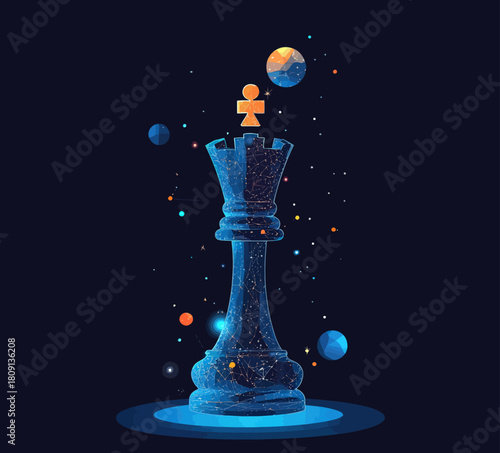 Digital abstract chess king piece composed of geometric lines and glowing planets in space with starry cosmic background vector illustration concept of strategy and intelligence