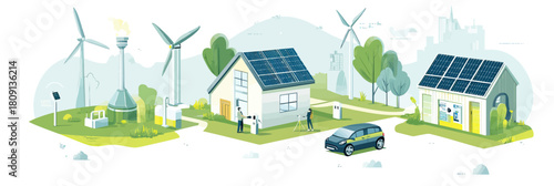 Eco-friendly smart houses with solar panels electric car charging station wind turbines renewable energy sustainable technology flat isometric vector illustration