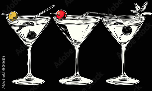 Vintage style hand drawn martini cocktail glasses with olives and cherries garnishes in minimalist black and white vector illustration for alcoholic drinks set