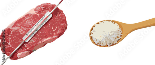 Raw beef meat with thermometer, fresh marbled steak, uncooked rice in wooden spoon, cooking preparation, food safety concept