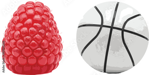Raspberry and grayscale basketball illustration, natural vs man-made texture comparison, realistic surface detail, food and sport 