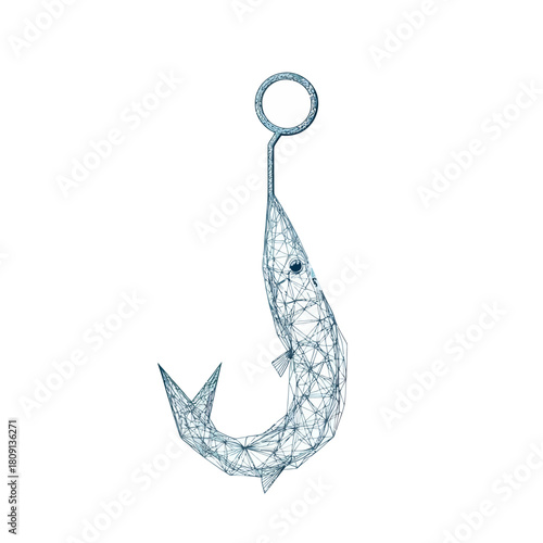 Digital wireframe fish hanging on fishing hook polygonal low poly vector illustration with geometric triangular mesh lines on white background