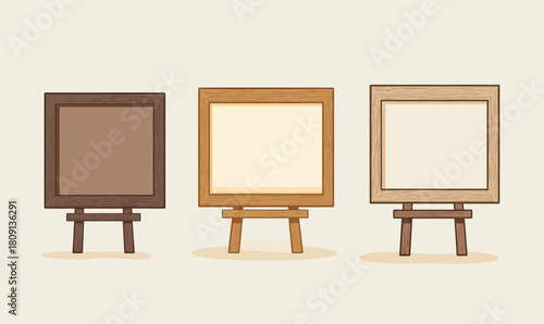 Set of three blank wooden sign boards on rustic wooden easels with varying light and dark wood tones isolated on beige background minimalist vector illustration