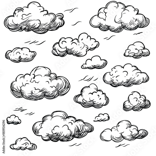 Hand drawn doodle clouds set with various fluffy shapes and sketch style outlines in black and white vector illustration