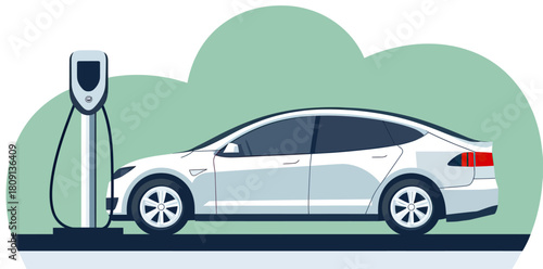White electric car charging at modern charging station with green background side view sustainable transportation concept vector illustration