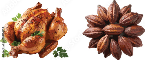 Roasted whole chicken, crispy skin, parsley garnish, golden brown, seed pods, culinary contrast, food styling, cooking concept, white background