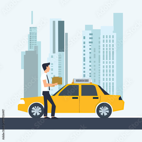Business man holding briefcase walking toward yellow taxi cab on city street with skyscrapers in flat minimalist vector style