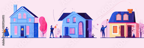 Housing crisis concept with diverse houses and worried people struggling with mortgage payments and eviction risk in flat minimalist style vector illustration