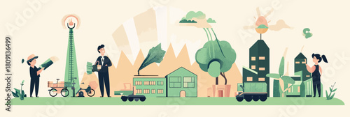 Sustainability concept illustration with diverse people promoting renewable energy wind turbines, carbon emission reduction, eco friendly urban scene and green investments in flat vector style