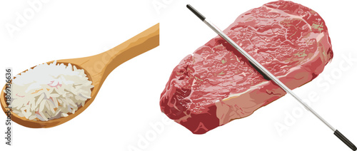 Wooden spoon with rice and raw steak with thermometer, food preparation concept, cooking safety, white background