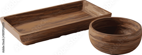 Wooden tray and bowl on white background, rustic kitchenware, handcrafted utensils, natural texture, home decor concept