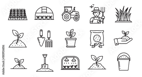 Set of agriculture and farming icons simple line vector illustration for farm and gardening concept 