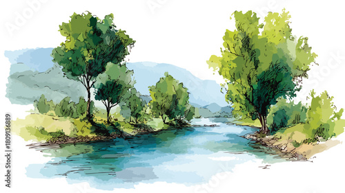 Serene River Landscape with Trees - Watercolor Painting
