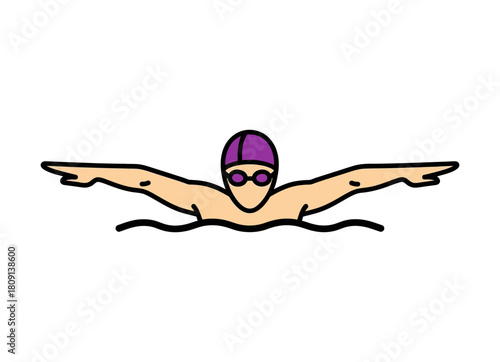 Illustration of a swimmer in the butterfly stroke, wearing a cap and goggles, in the water.