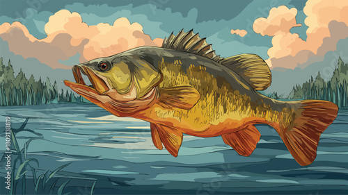 Serene Lake Fish Vector with Sky Background - Professional Stock Photo