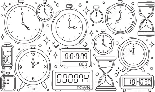 Countdown Clock Doodle Vector Set – Minimalist Time and Celebration Icons