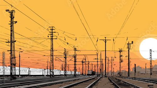 Train Yard Scenery with Power Lines and Sun Background Poster