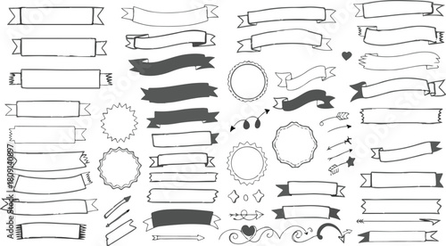 Festive Banner and Ribbon Doodle Set – Minimal Line Vector Decoration