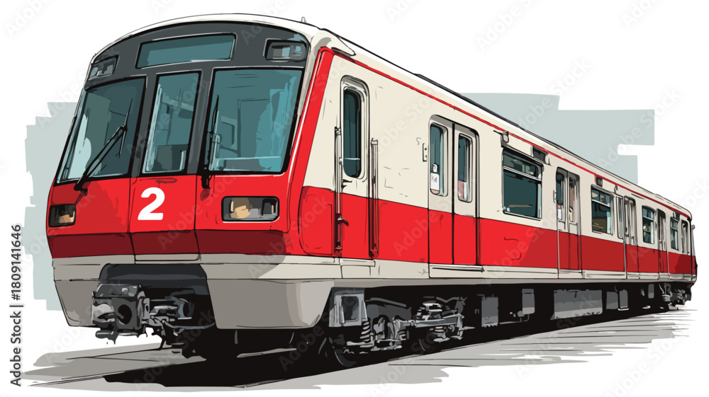 Fototapeta premium Bright Red and White Train with Number 2 on Front, Vector Illustration