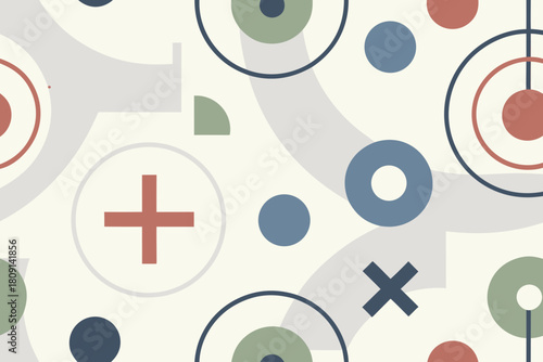 Modern Abstract Geometric Composition with Circles and Crosses Keywords: abstract, geometric, pattern, modern, circles, dots, crosses, plus signs