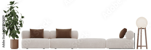 Front View Modular Beige Sofa with Brown Pillows, Indoor Plant, and Round Floor Lamp – Contemporary Living Room PNG