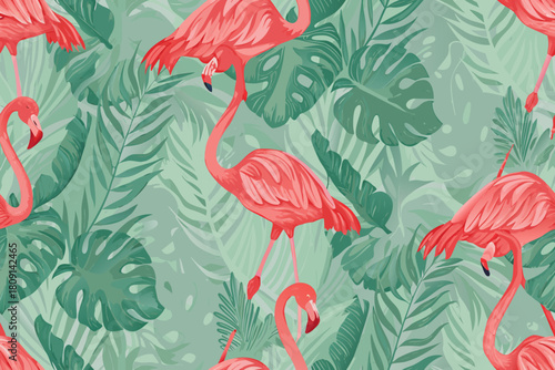 Pink Flamingos Amidst Lush Tropical Greenery Pattern jungle
