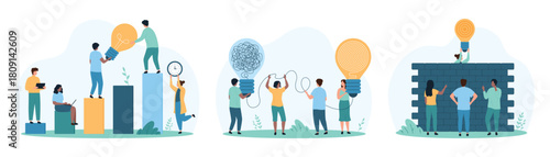 Goal achievement strategy, simplification in problem solving set. Tiny people achieve implementation of idea through obstacles, unravel knot of tasks inside light bulbs cartoon vector illustration