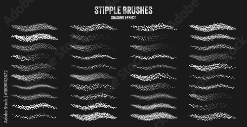 Ink scatter brush, stipple drawing and texturing. Fading gradient. Stippling, dotwork drawing, shading using dots. Halftone disintegration effect. White noise grainy texture. Vector illustration