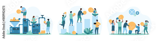 Business idea creation and monetization set. Tiny people make money with funnel pipe machine, hold bright light bulbs of tips and creative ideas, climb up career ladder cartoon vector illustration