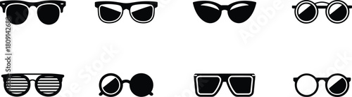 Stylish sunglasses icon set collection with modern eyewear shapes in black silhouette vector design for fashion, summer, and accessory illustration.