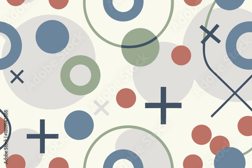 Retro Geometric Pattern with Circles and Tic Tac Toe Elements Keywords: geometric, pattern, retro, circles, dots, crosses, x shapes, tic tac toe
